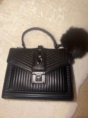 Aldo Black Quilted Top-Handle Satchel with Pom Charm